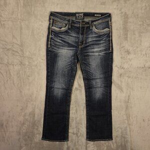 Buckle Salvage Mayhem Bootcut Jeans Men’s 34R Dark‎ Wash Stretch Denim